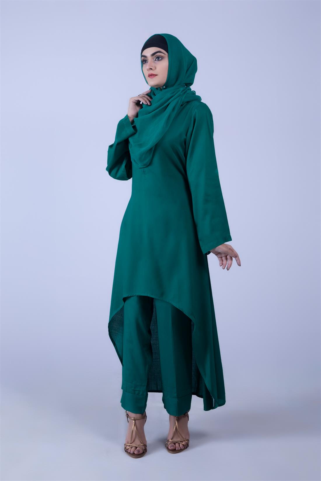 Bottle Green Linen Suit with Chiffon Dupatta & Trouser