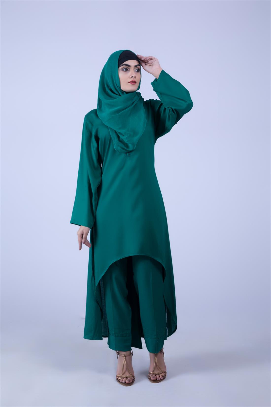 Bottle Green Linen Suit with Chiffon Dupatta & Trouser