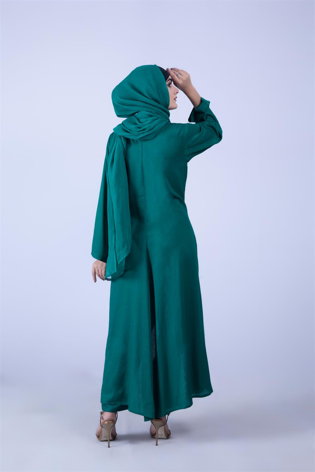 Bottle Green Linen Suit with Chiffon Dupatta & Trouser