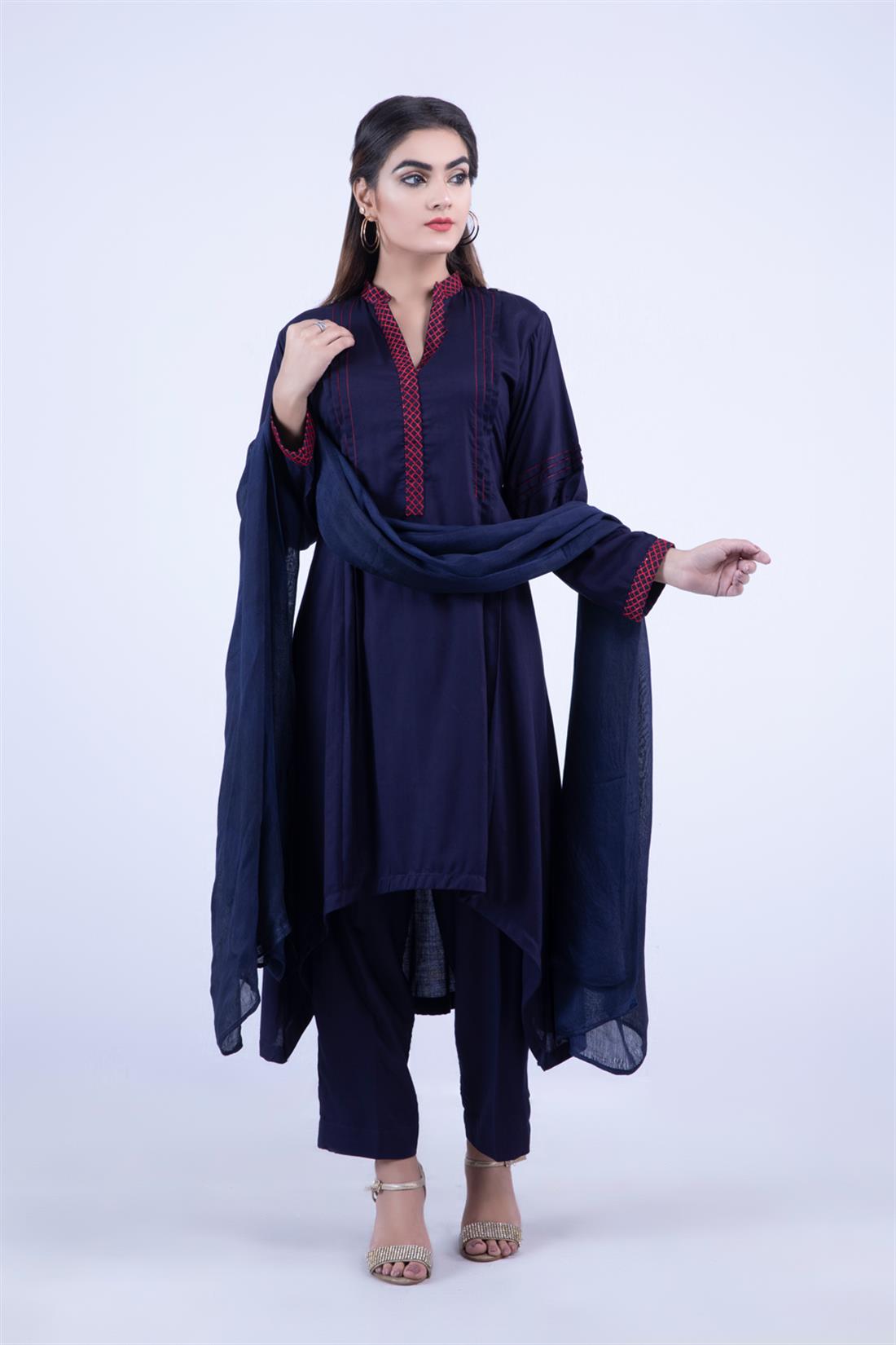 Navy Blue Embroidered Chiffon A-Line Red Beautiful Linen 3 Piece Readymade Salwar Suit