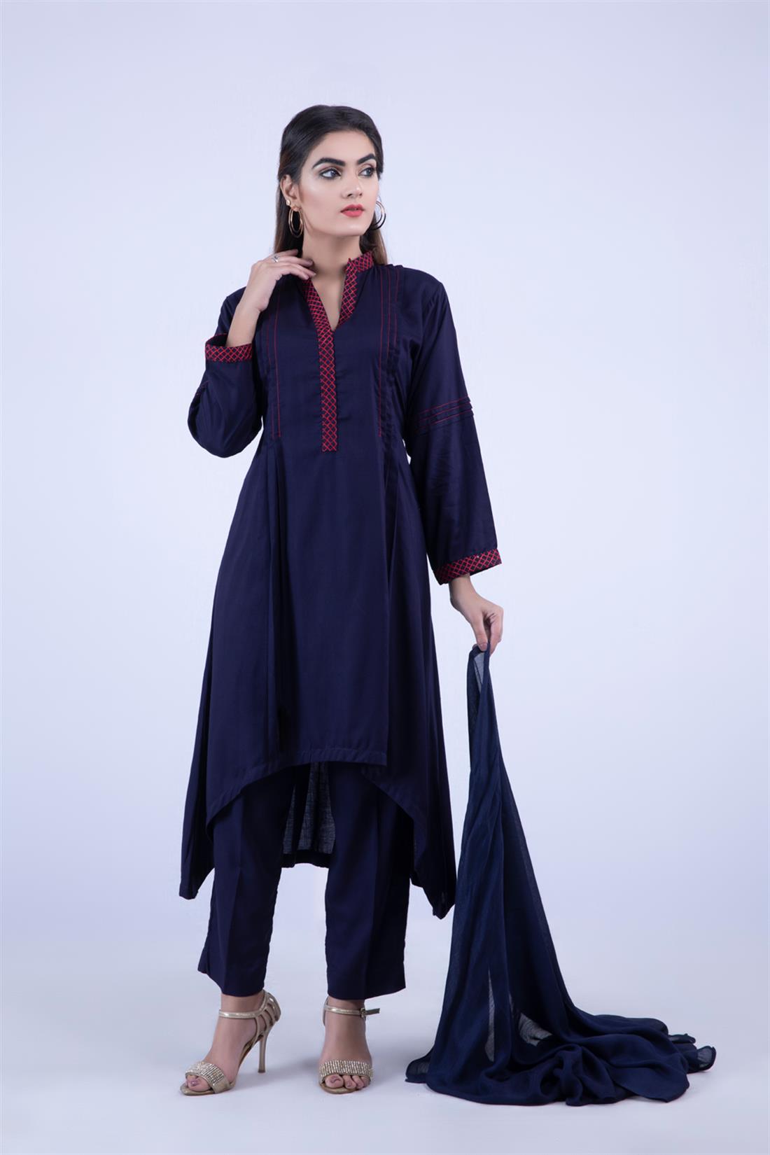 Navy Blue Embroidered Chiffon A-Line Red Beautiful Linen 3 Piece Readymade Salwar Suit
