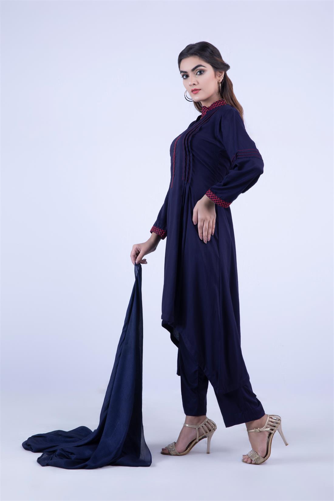 Navy Blue Embroidered Chiffon A-Line Red Beautiful Linen 3 Piece Readymade Salwar Suit
