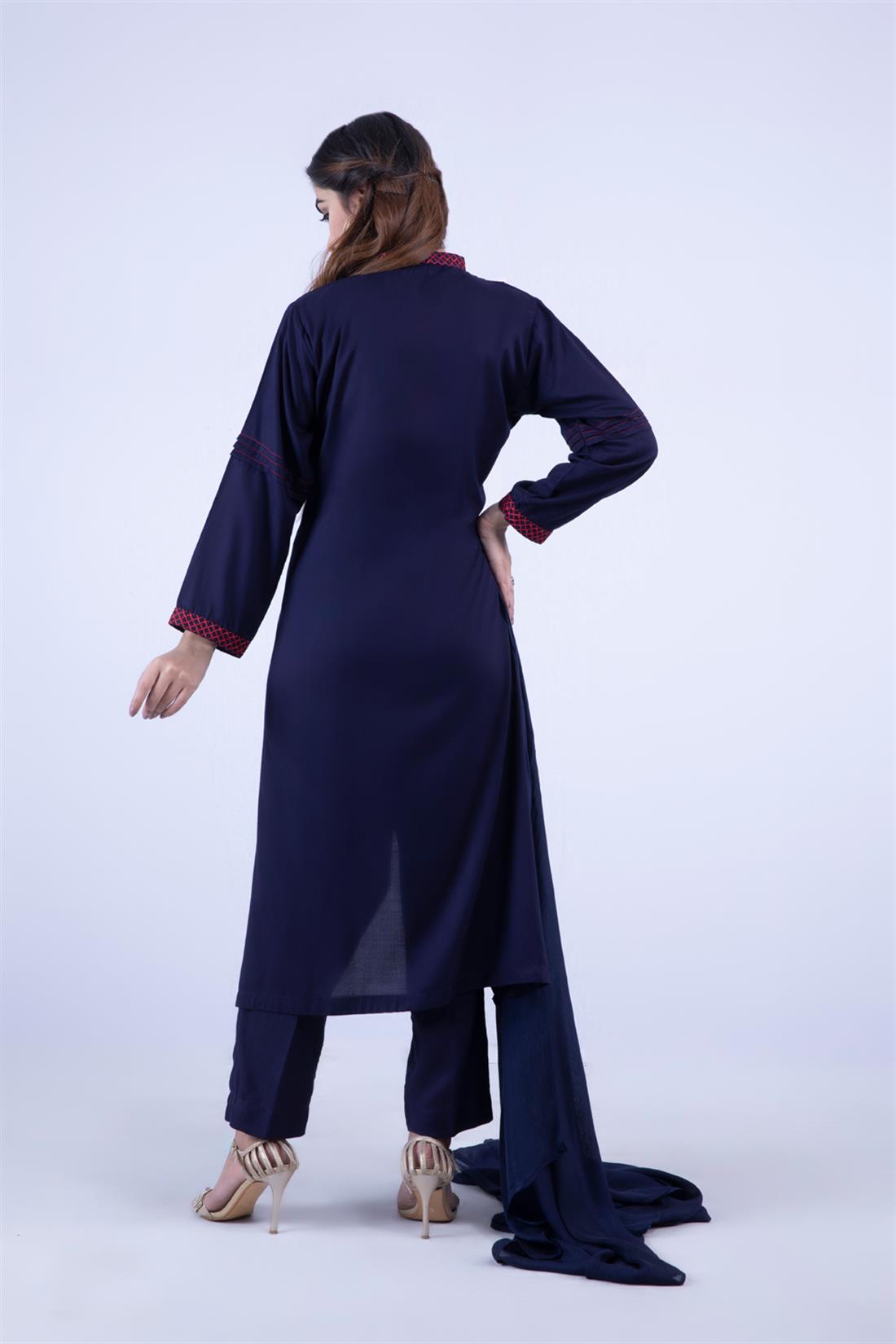 Navy Blue Embroidered Chiffon A-Line Red Beautiful Linen 3 Piece Readymade Salwar Suit