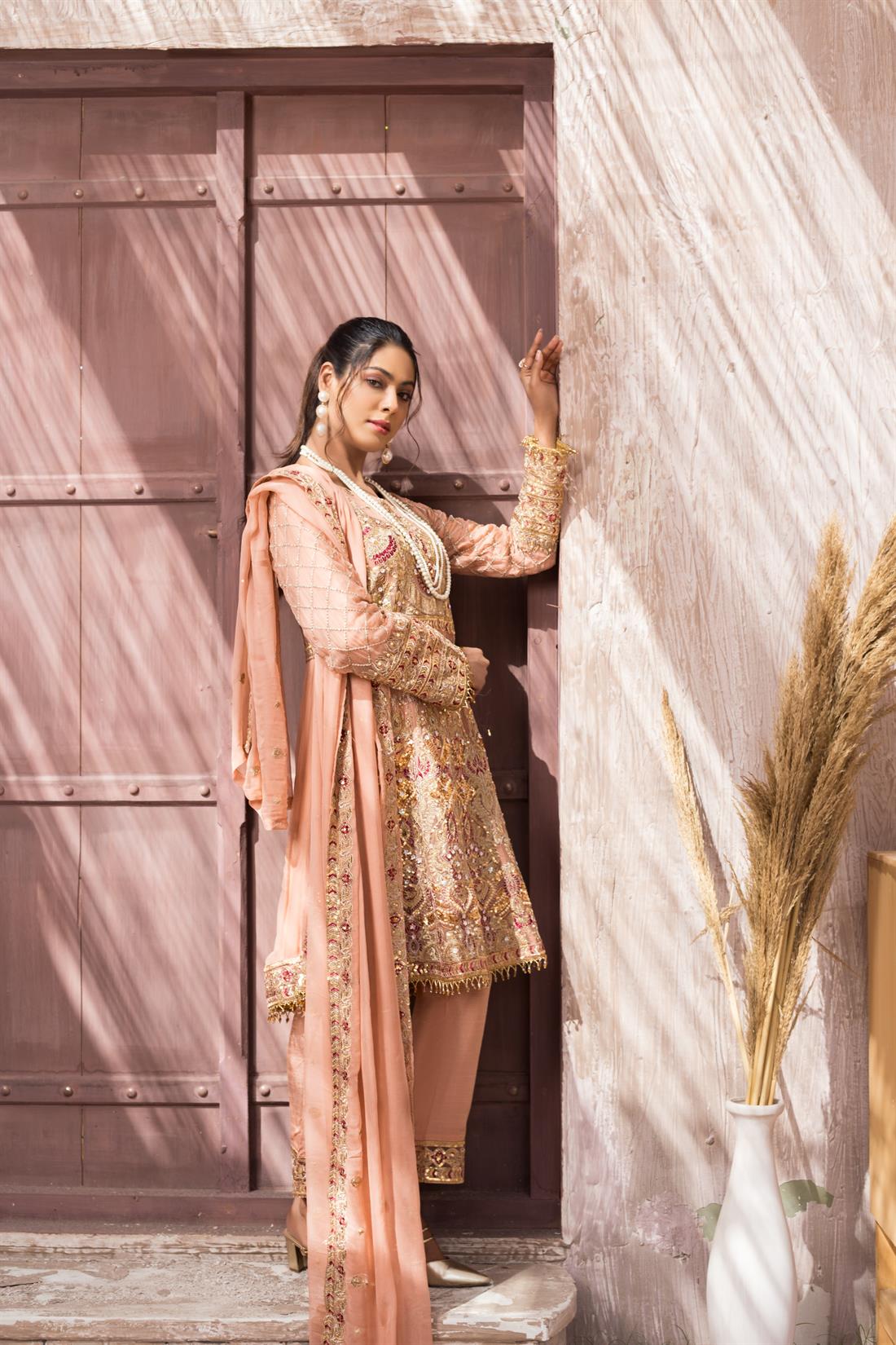 Pink Chiffon Navy Blue Luxury Embroidered Readymade Salwar Suit