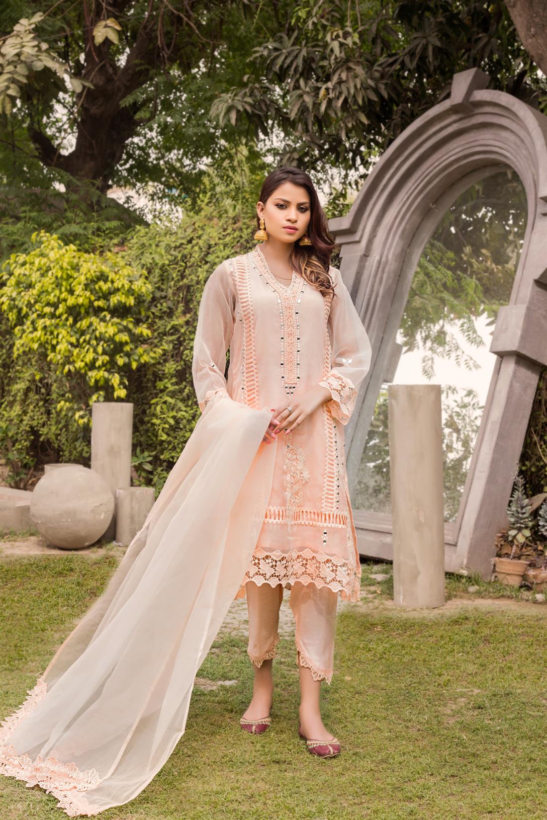 Peach A-Line 3 Piece Mirror Work Organza Kameez with Dupatta