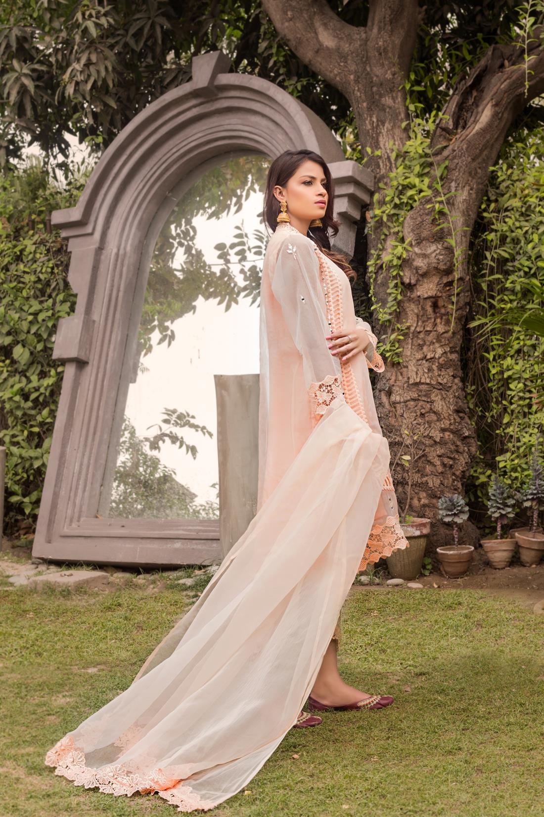 Peach A-Line 3 Piece Mirror Work Organza Kameez with Dupatta