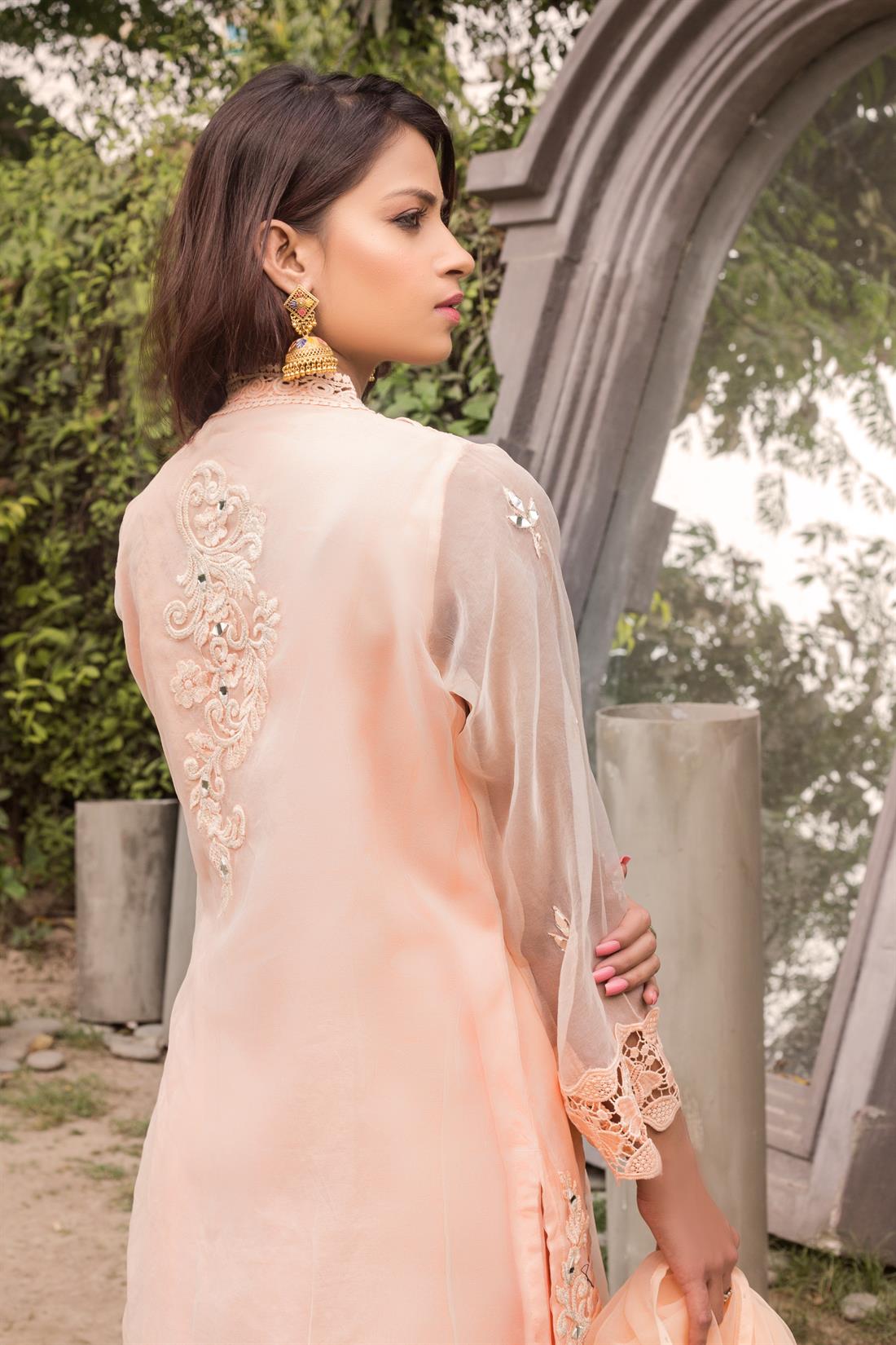 Peach A-Line 3 Piece Mirror Work Organza Kameez with Dupatta