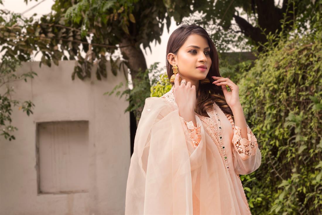 Peach A-Line 3 Piece Mirror Work Organza Kameez with Dupatta