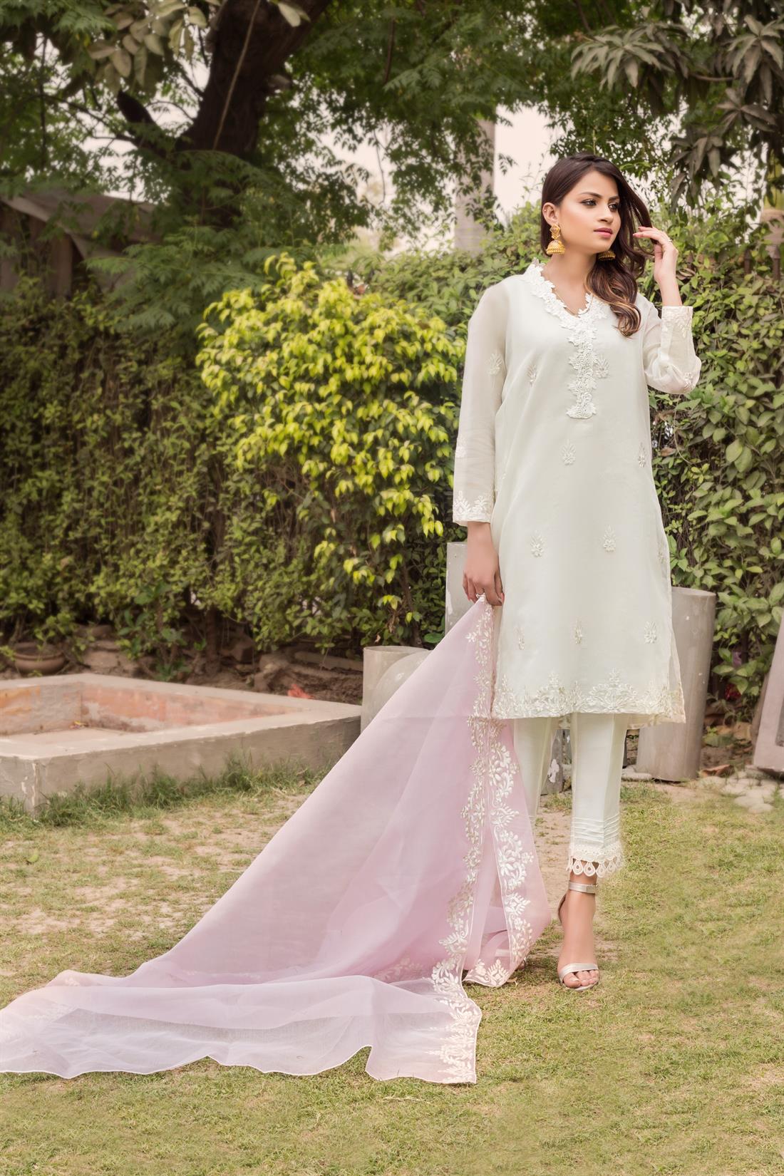 Off White Embroidered Net Shirt with Silk Pants & Organza Dupatta