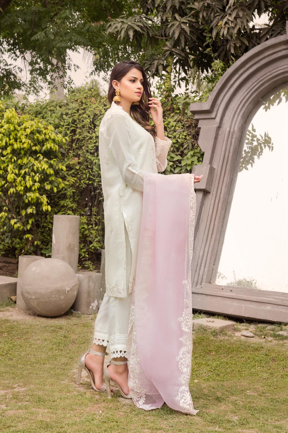 Off White Embroidered Net Shirt with Silk Pants & Organza Dupatta