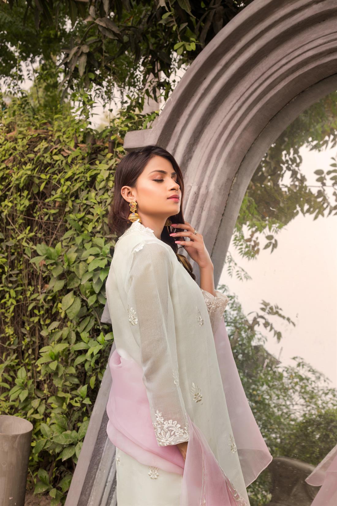Off White Embroidered Net Shirt with Silk Pants & Organza Dupatta