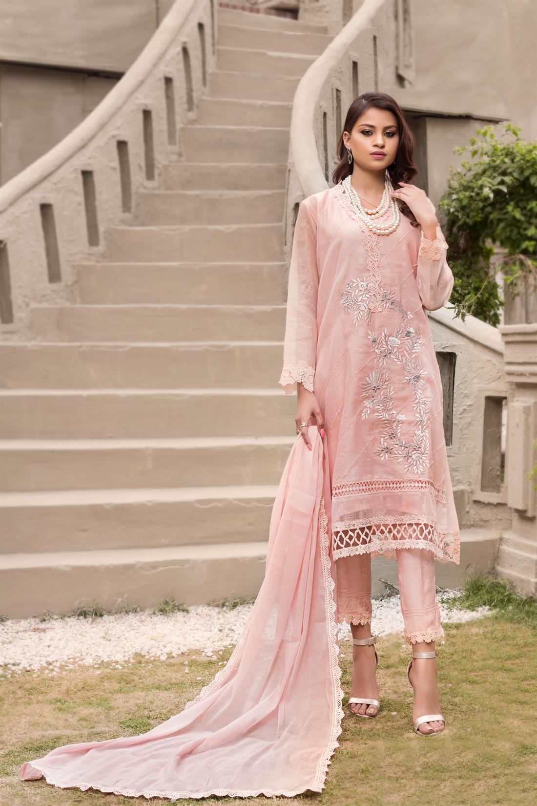Pink A-Line 3 Piece Embroidered Cotton Net Shirt with Silk Pants