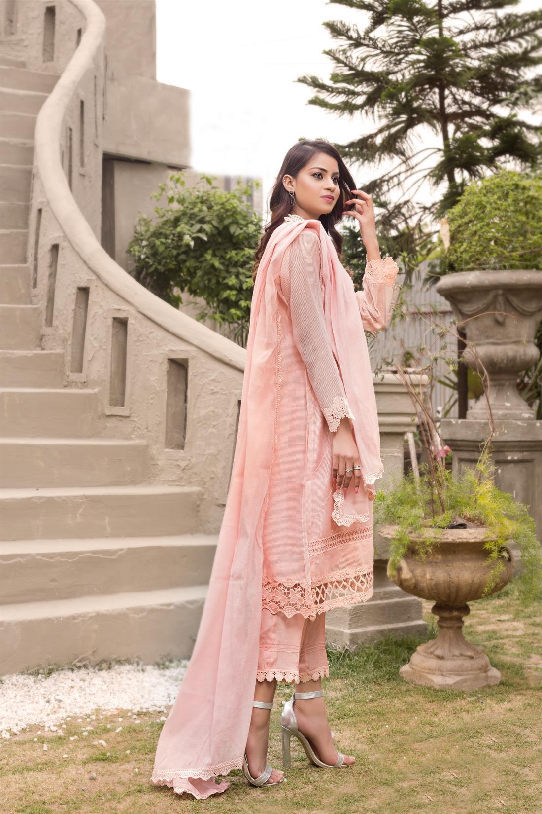 Pink A-Line 3 Piece Embroidered Cotton Net Shirt with Silk Pants