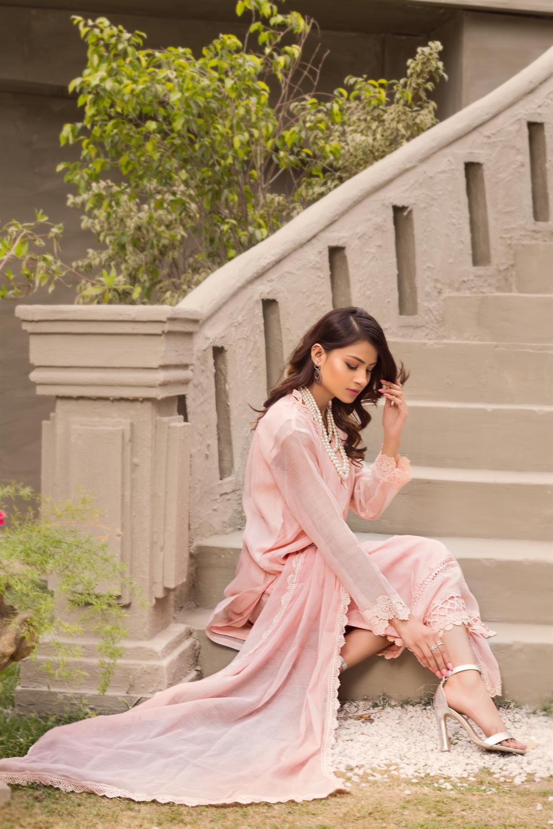Pink A-Line 3 Piece Embroidered Cotton Net Shirt with Silk Pants