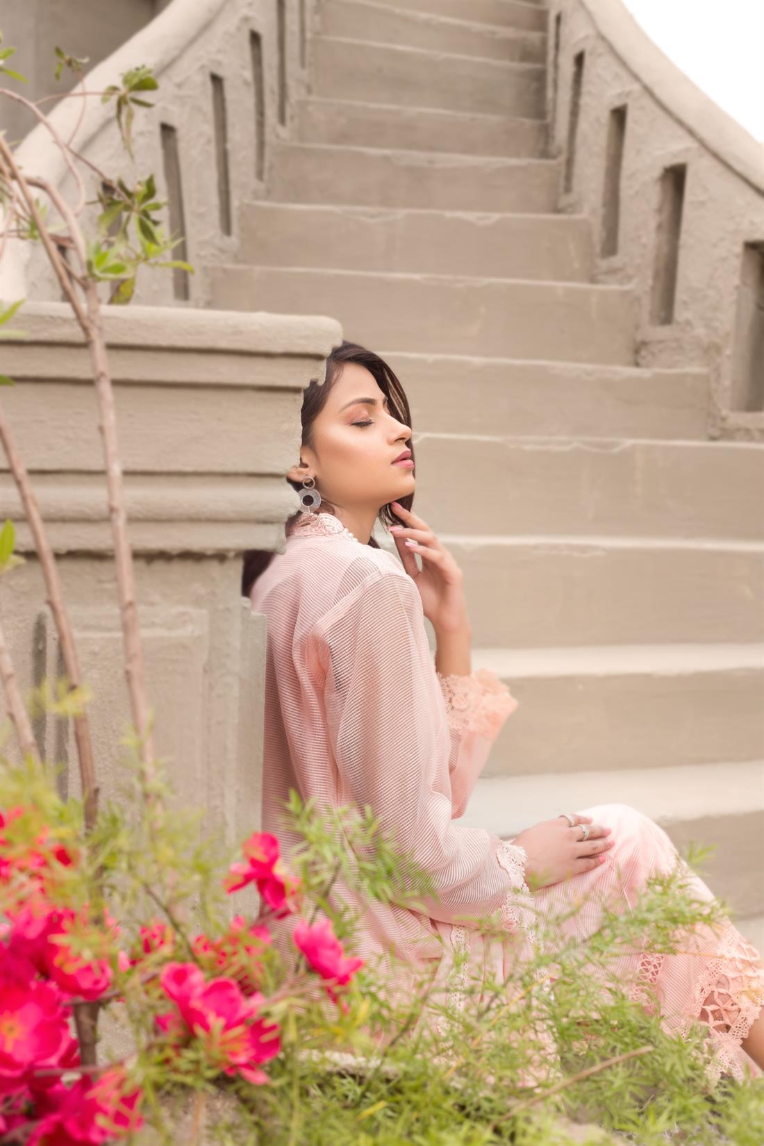 Pink A-Line 3 Piece Embroidered Cotton Net Shirt with Silk Pants