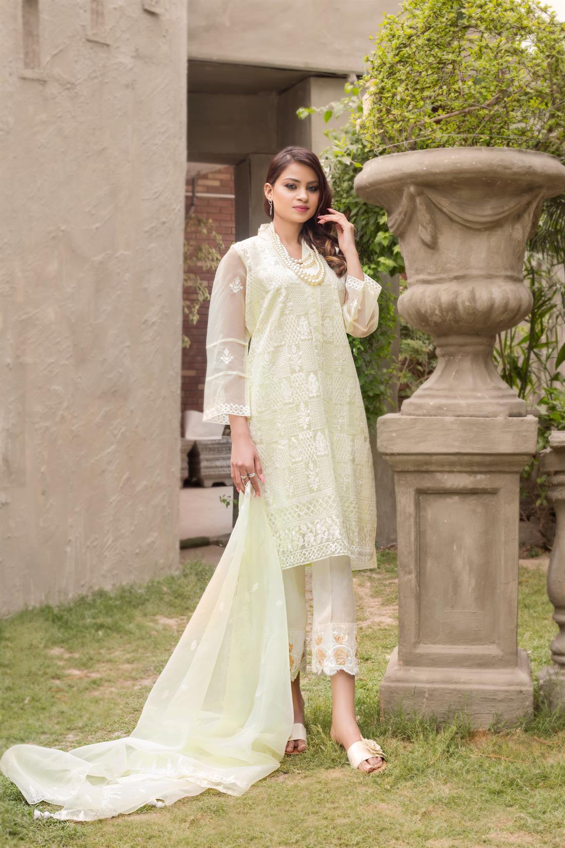 Cream Embroidered Organza Silhouette with Dupatta & Silk Pants
