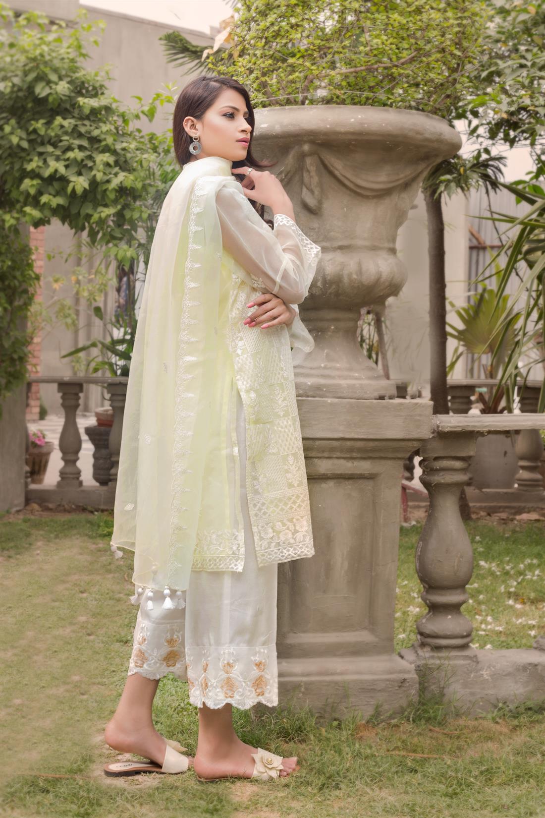 Cream Embroidered Organza Silhouette with Dupatta & Silk Pants