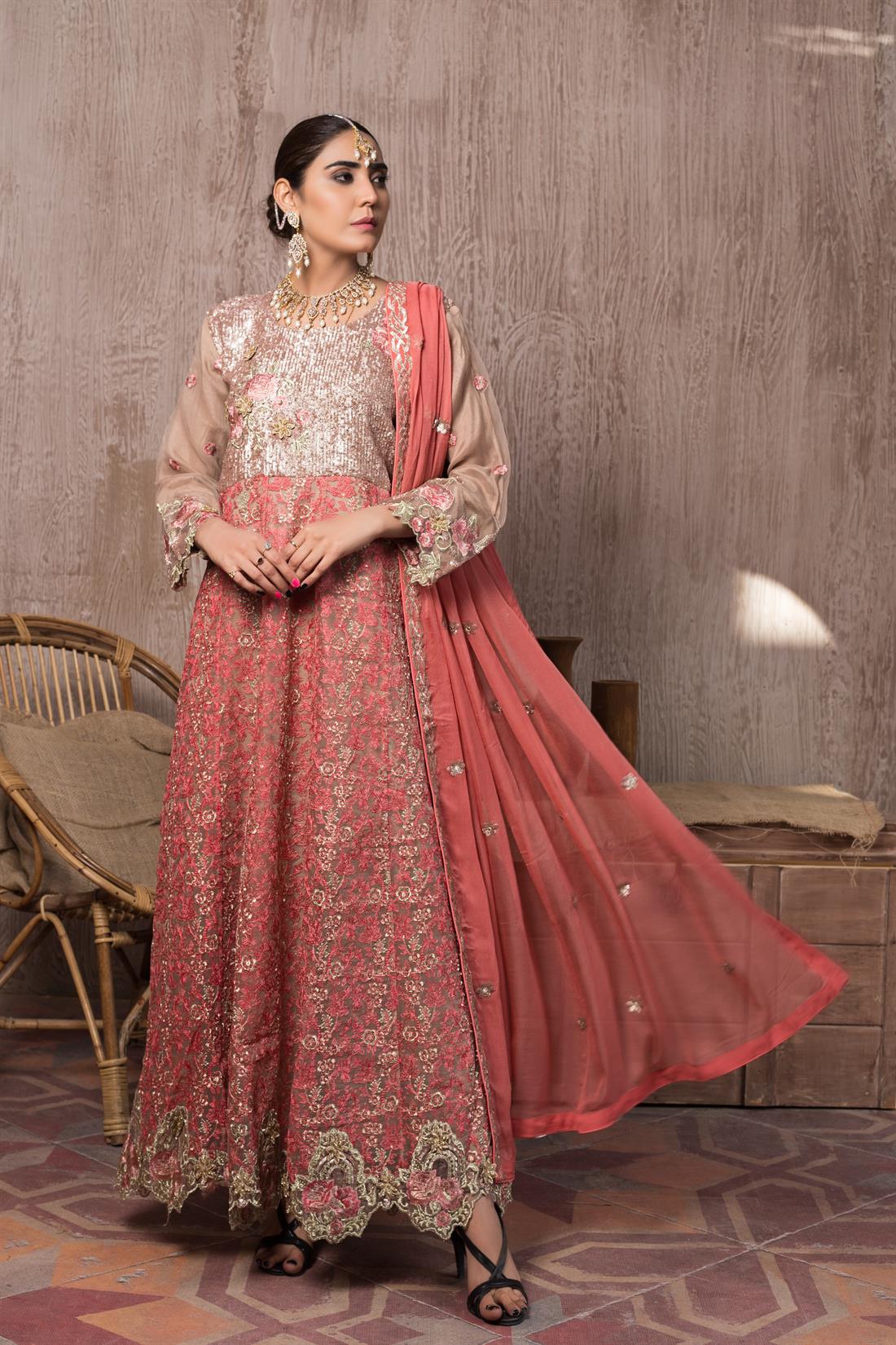 Cappuccino & Pink Chiffon Anarkali Cappuccino/Pink Stunning Embroidered Salwar Suit
