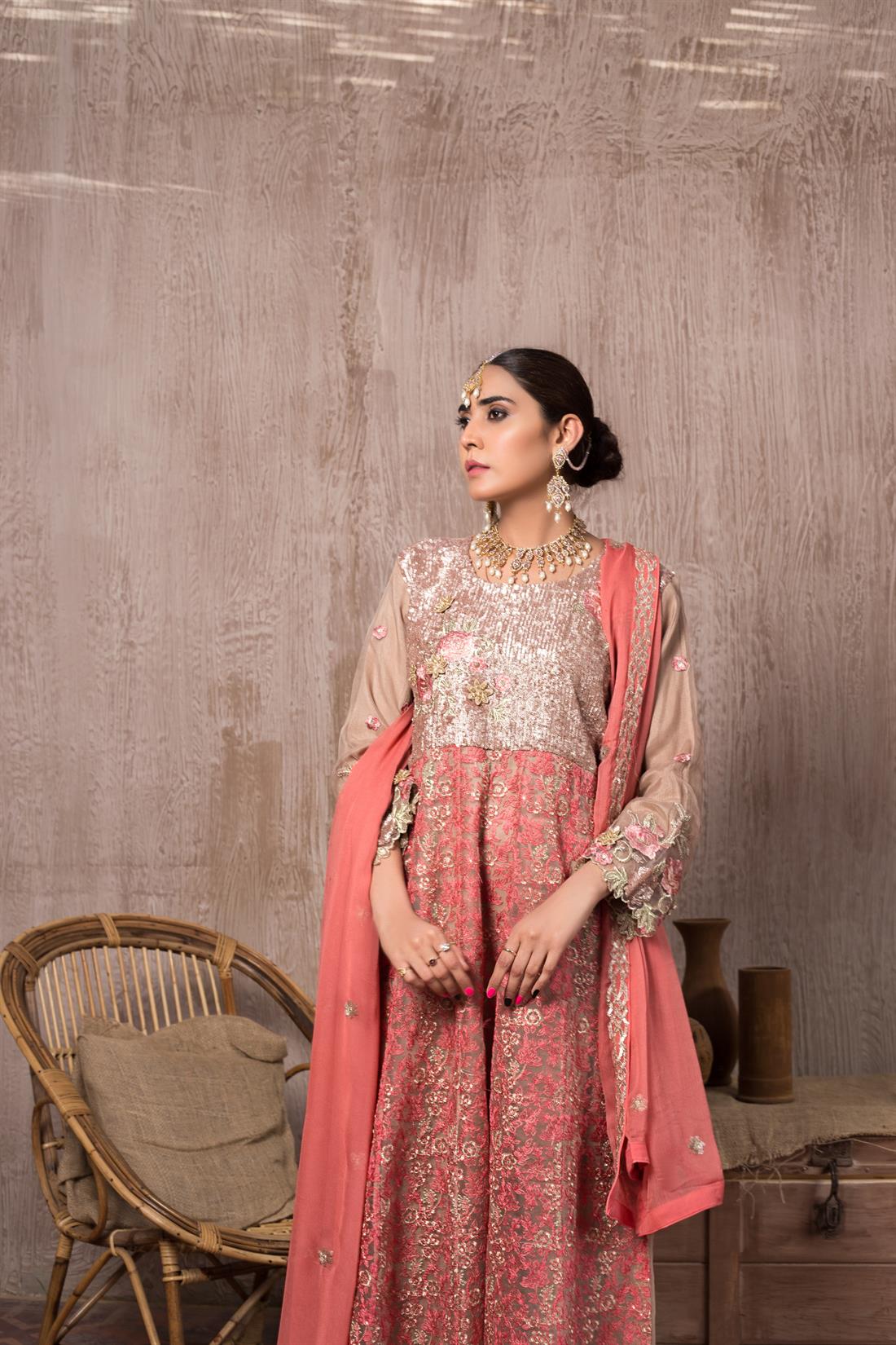 Cappuccino & Pink Chiffon Anarkali Cappuccino/Pink Stunning Embroidered Salwar Suit