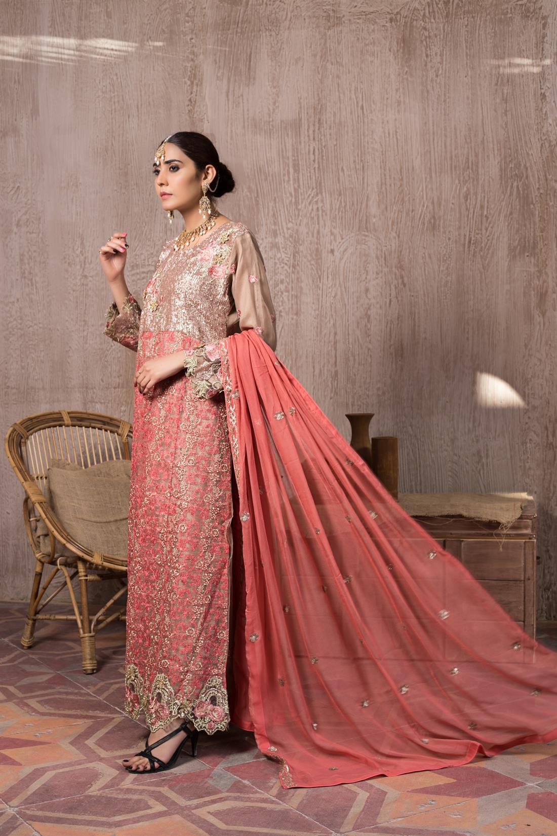 Cappuccino & Pink Chiffon Anarkali Cappuccino/Pink Stunning Embroidered Salwar Suit