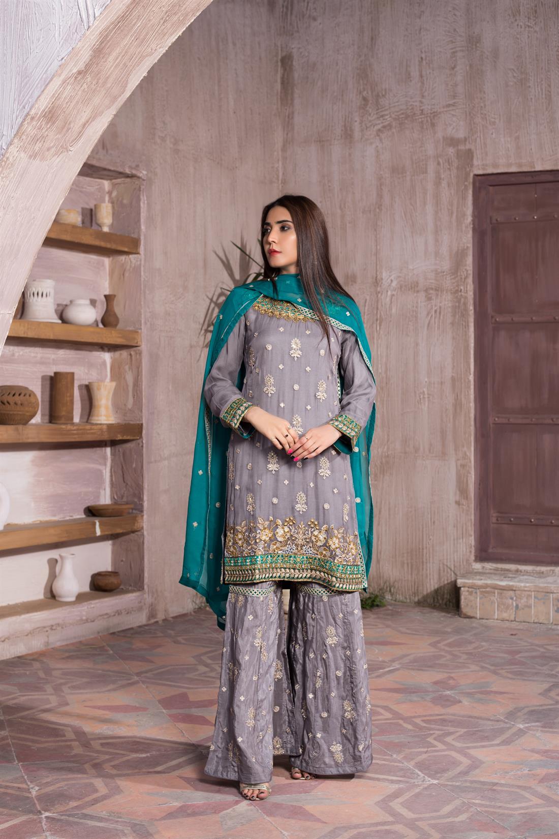 Dark Grey 3 Piece Embroidered Kameez & Silk Gharara