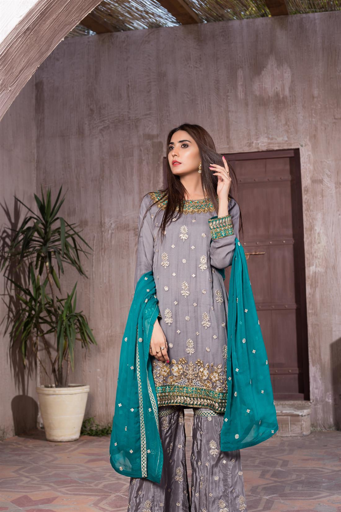 Dark Grey 3 Piece Embroidered Kameez & Silk Gharara