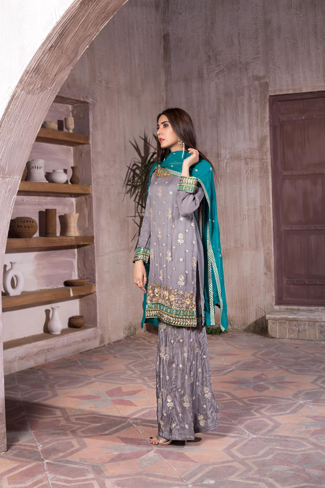 Dark Grey 3 Piece Embroidered Kameez & Silk Gharara