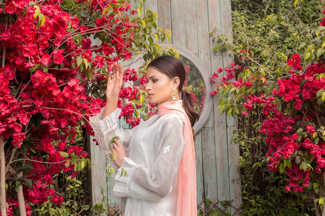 White Embroidered Net Shirt with Silk Pants & Coloured Dupatta