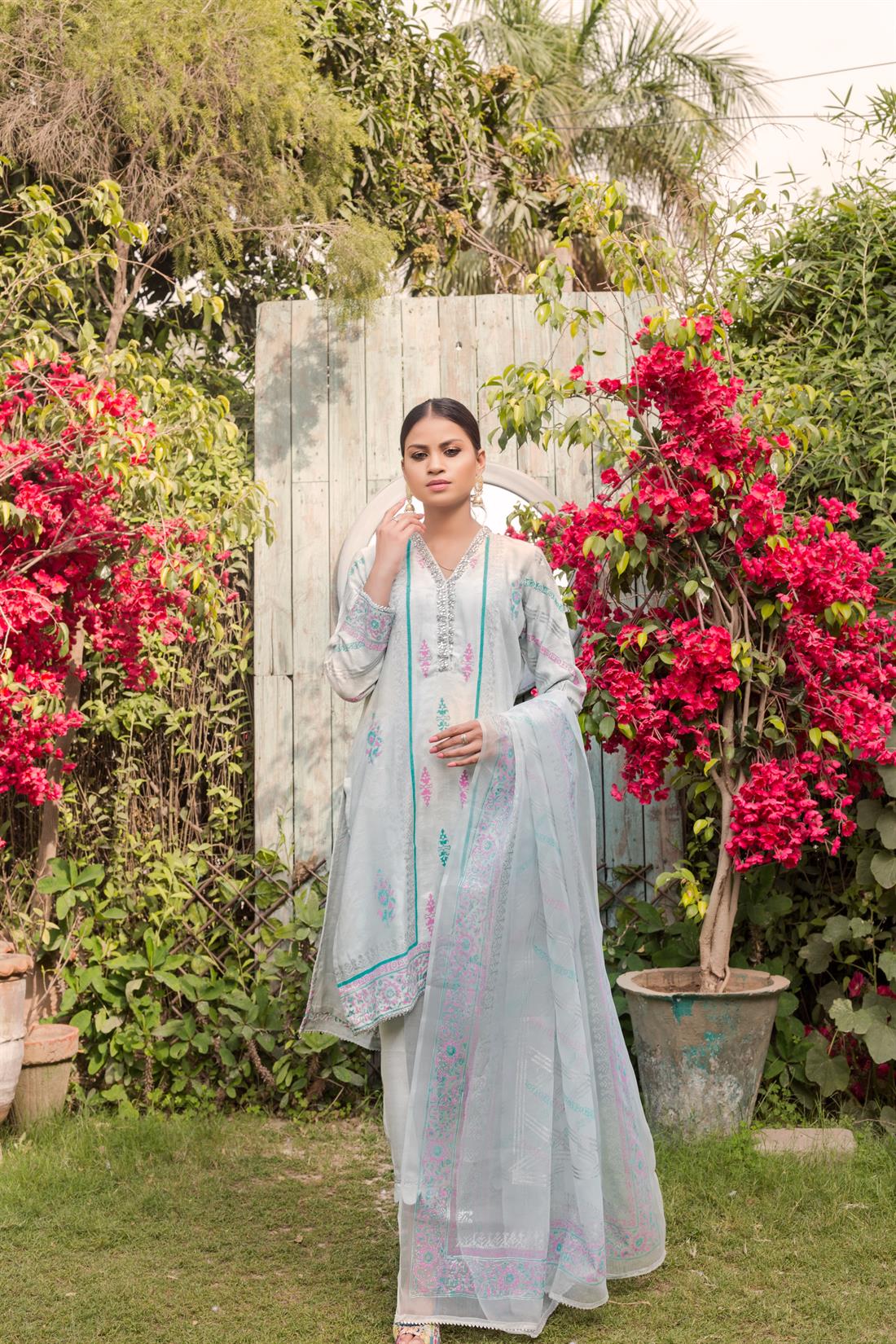 Light Mint Embroidered Net Shirt with Silk Pants & Organza Dupatta