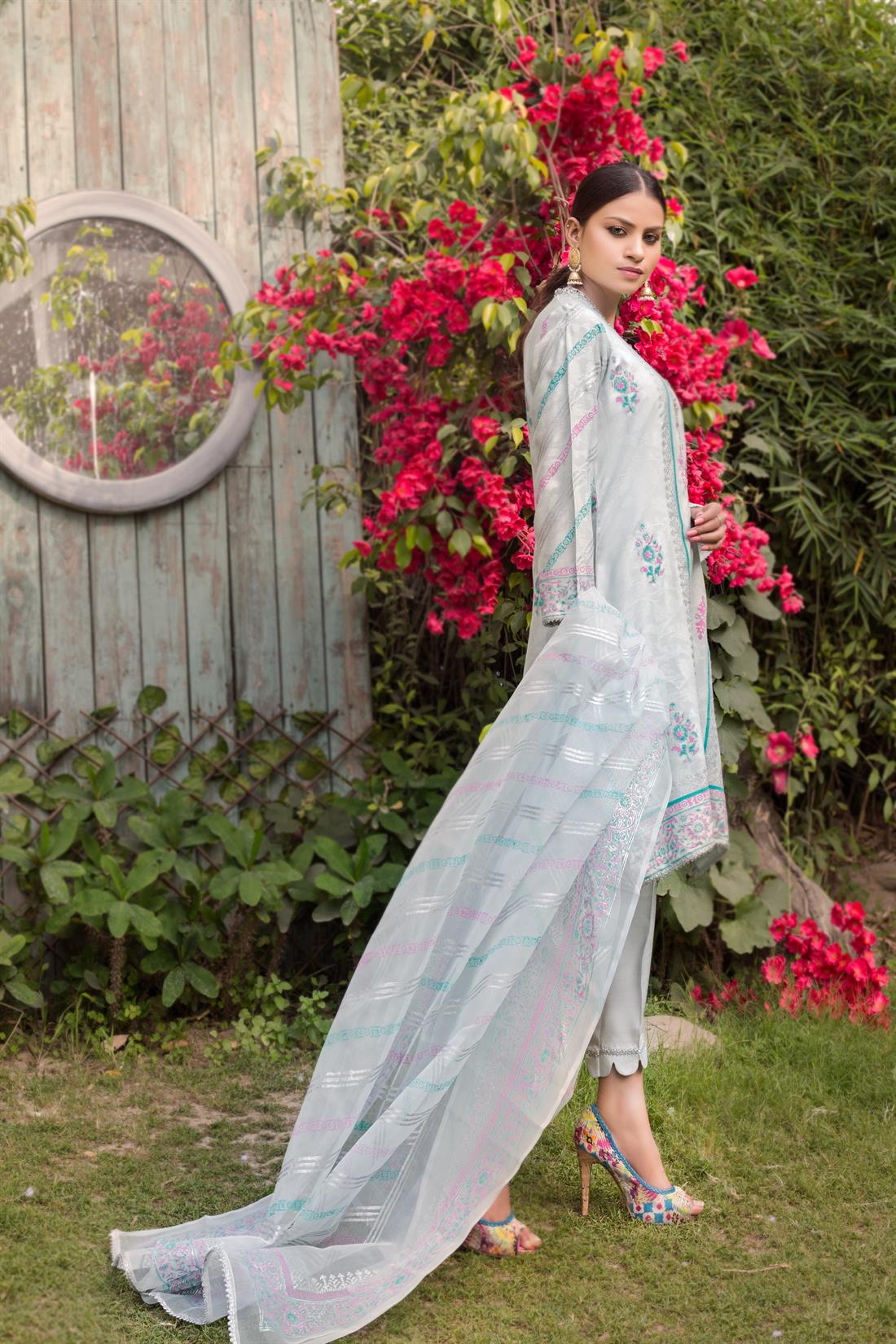 Light Mint Embroidered Net Shirt with Silk Pants & Organza Dupatta