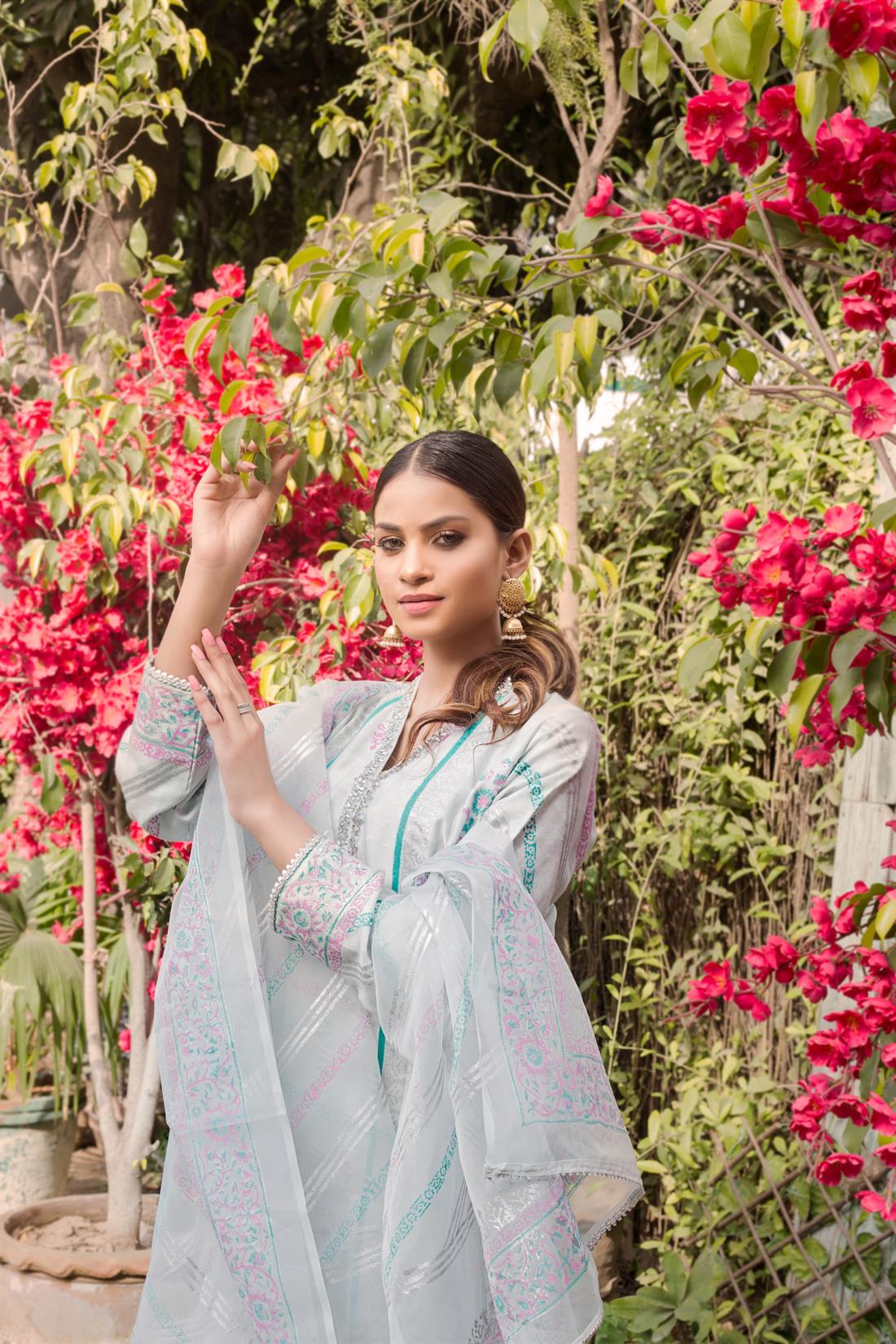 Light Mint Embroidered Net Shirt with Silk Pants & Organza Dupatta