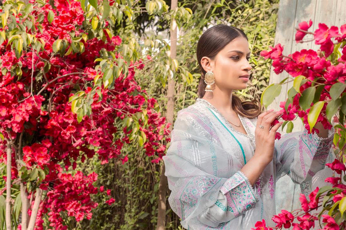 Light Mint Embroidered Net Shirt with Silk Pants & Organza Dupatta