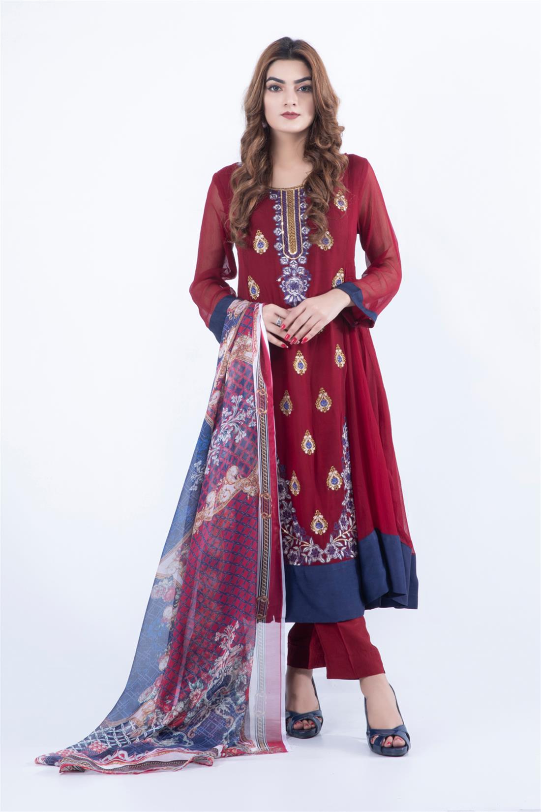 Maroon Embroidered Stunning Chiffon Frock with Silk Dupatta & Trouser