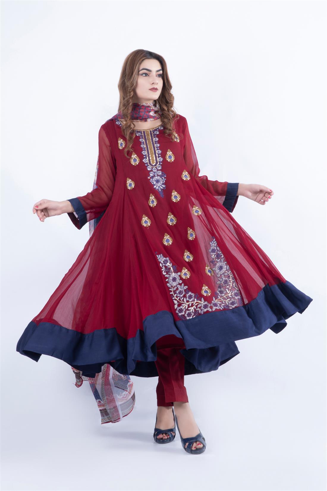 Maroon Embroidered Stunning Chiffon Frock with Silk Dupatta & Trouser