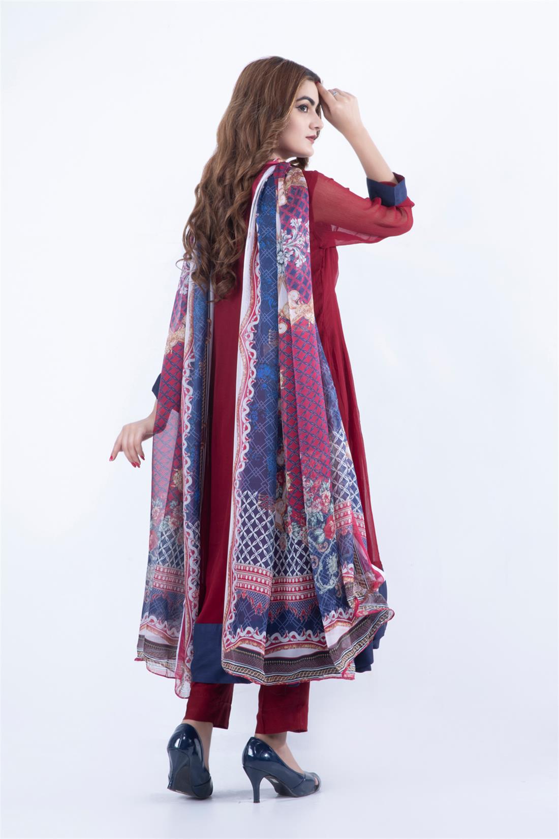 Maroon Embroidered Stunning Chiffon Frock with Silk Dupatta & Trouser