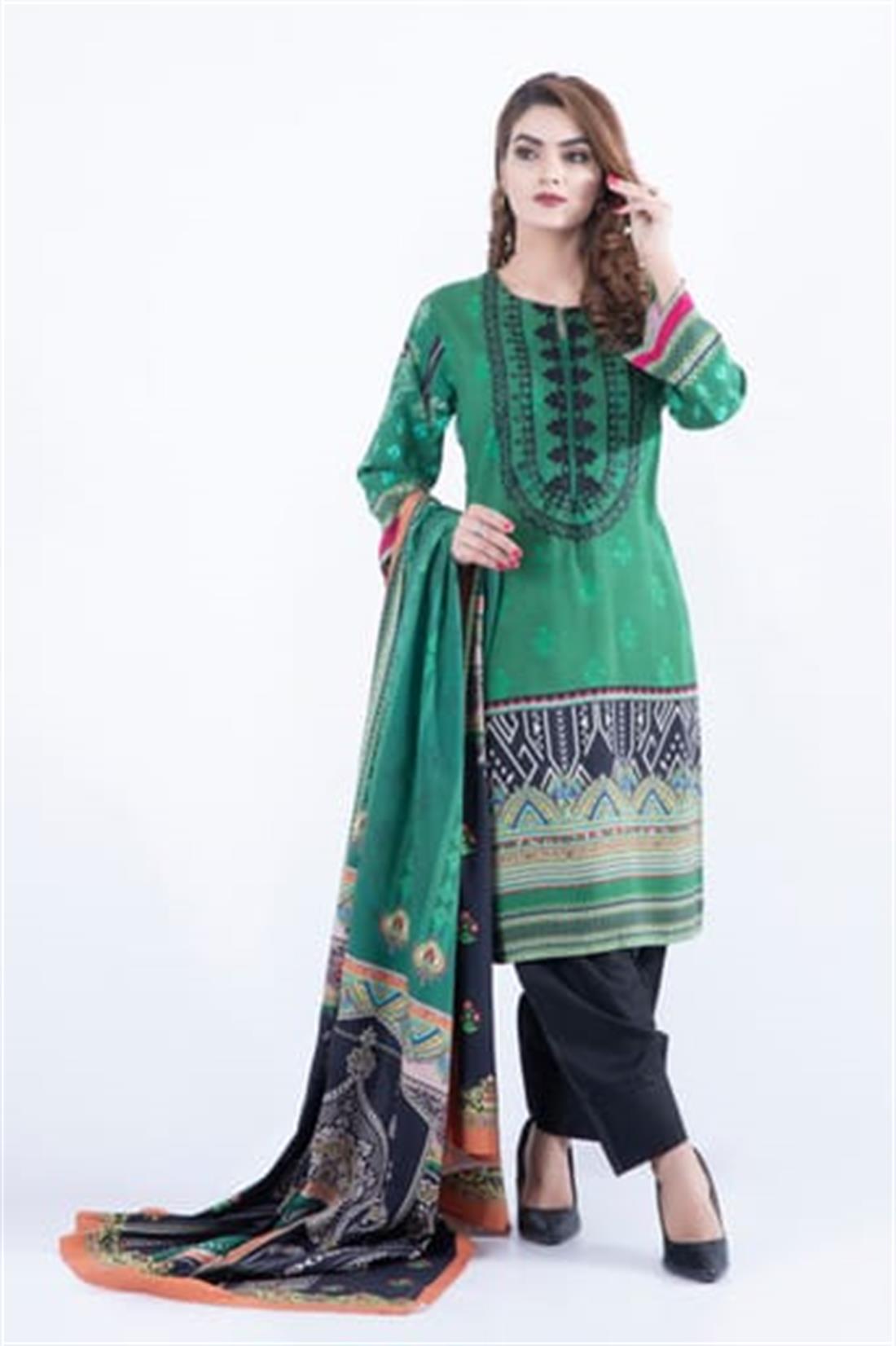Green Embroidered 3 Piece Digital Printed Salwar Kameez & Dupatta