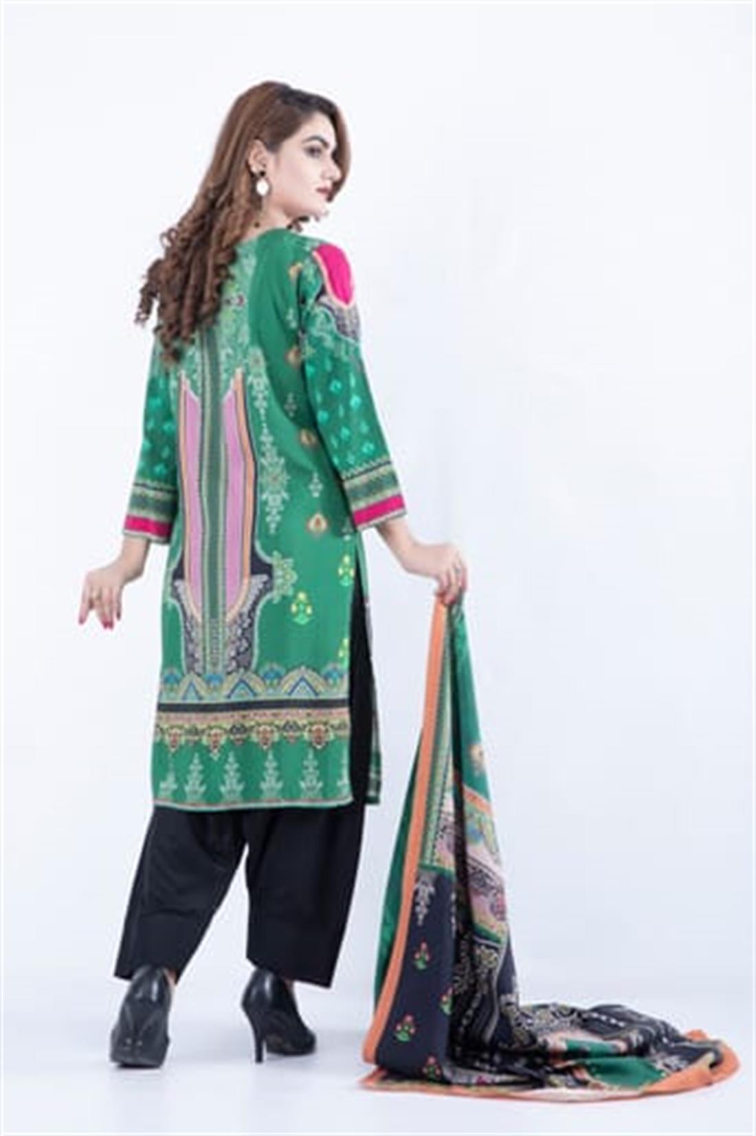 Green Embroidered 3 Piece Digital Printed Salwar Kameez & Dupatta