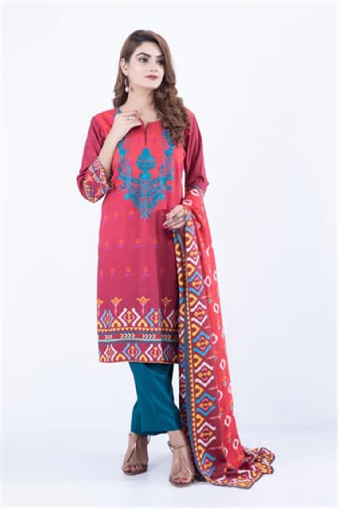RED & Zinc Embroidered Red/Zinc Digital Printed Salwar Kameez & Dupatta