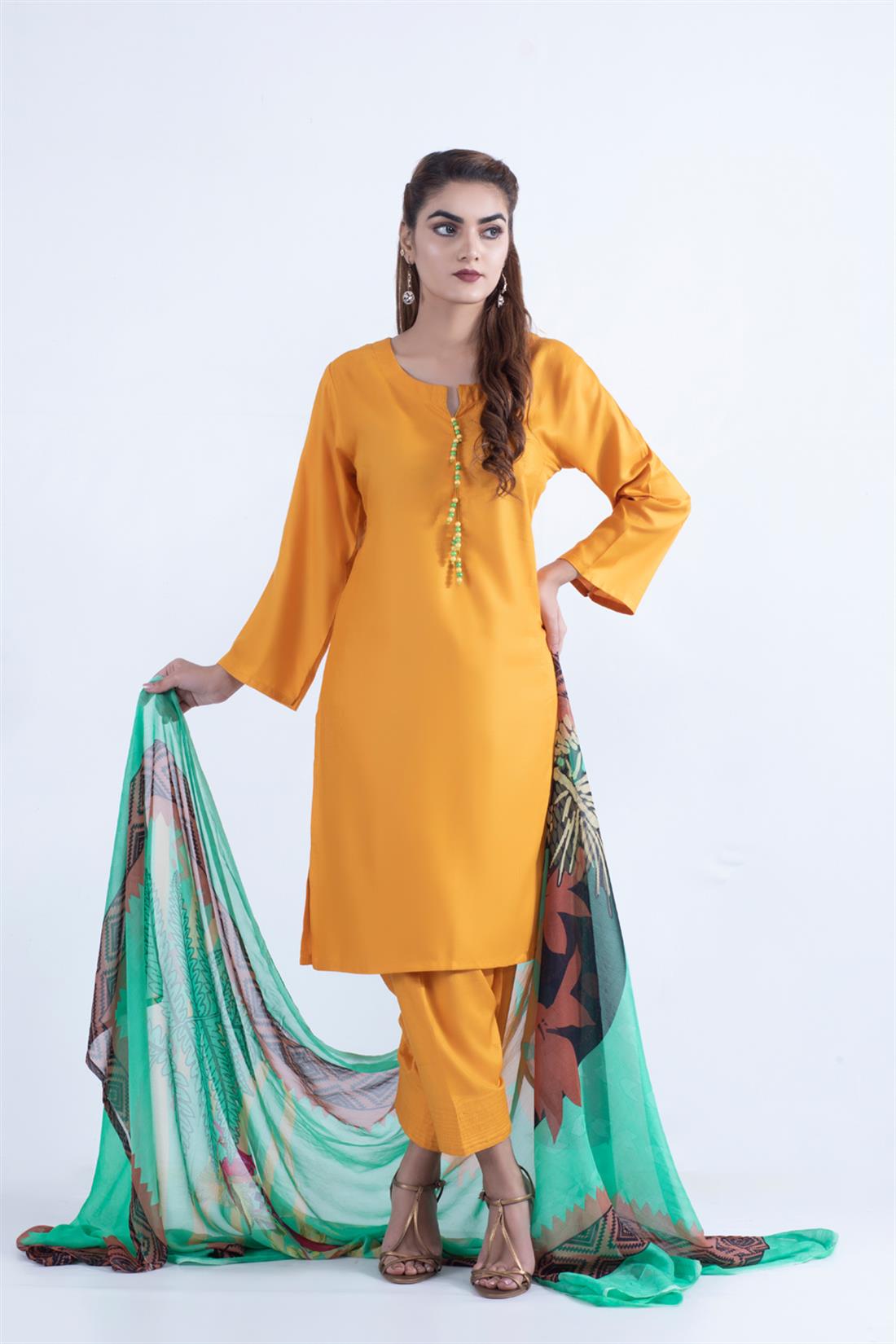 Mustard Digital Print Skin Linen 3 Piece Ladies Readymade Salwar Suit