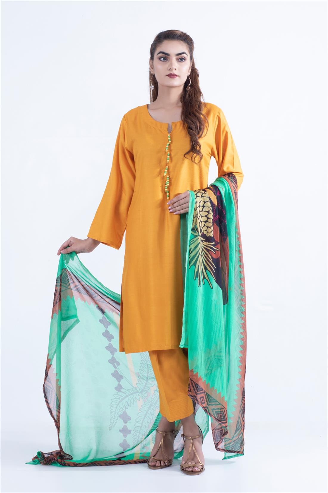 Mustard Digital Print Skin Linen 3 Piece Ladies Readymade Salwar Suit
