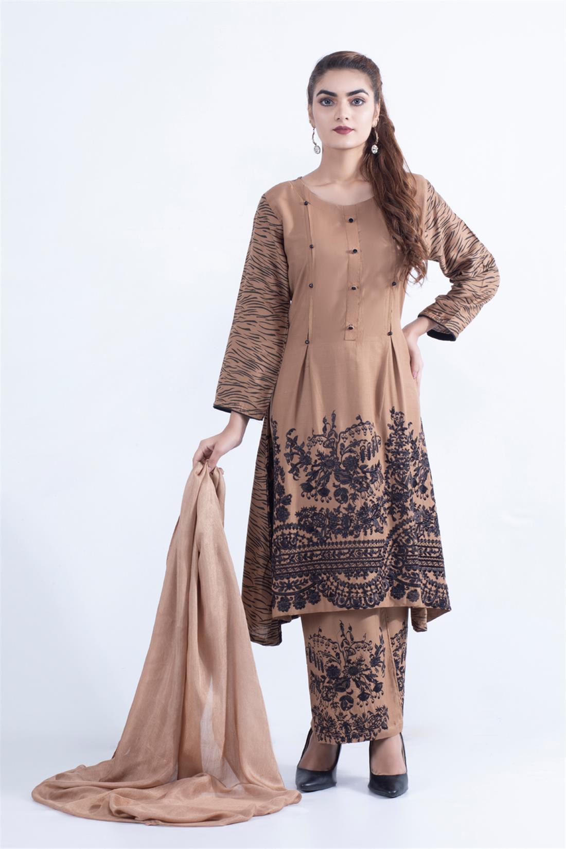 Camel Embroidered Chiffon Ladies Readymade
