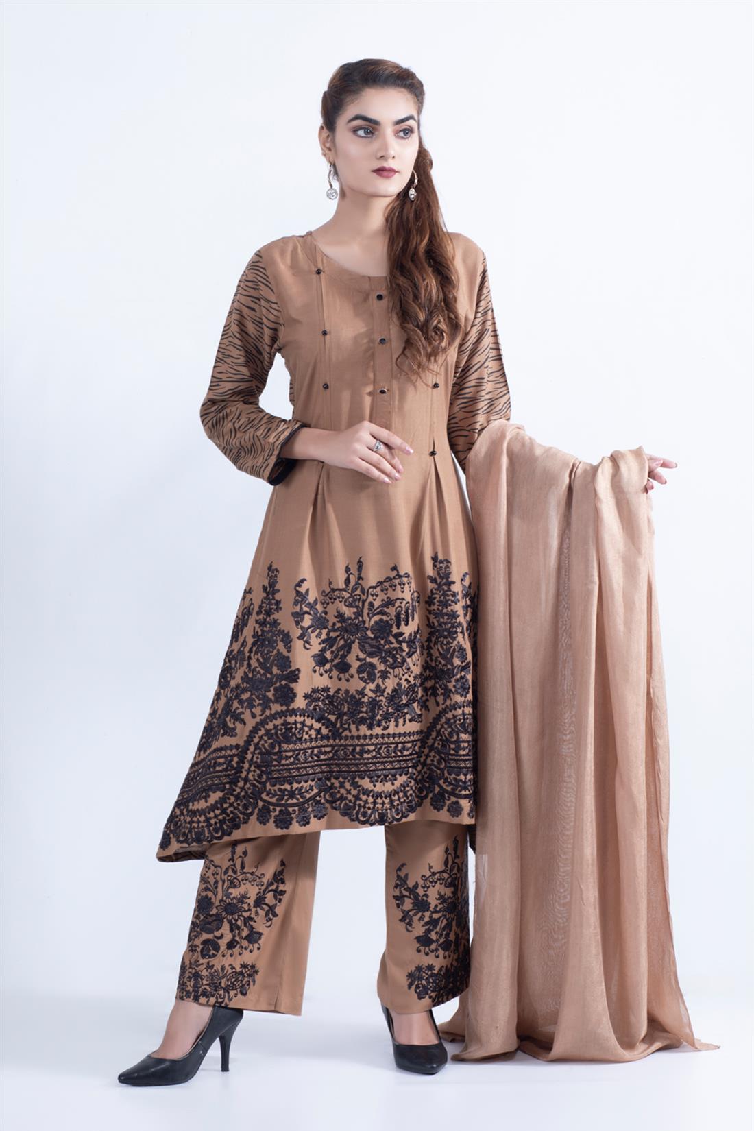 Camel Embroidered Chiffon Ladies Readymade