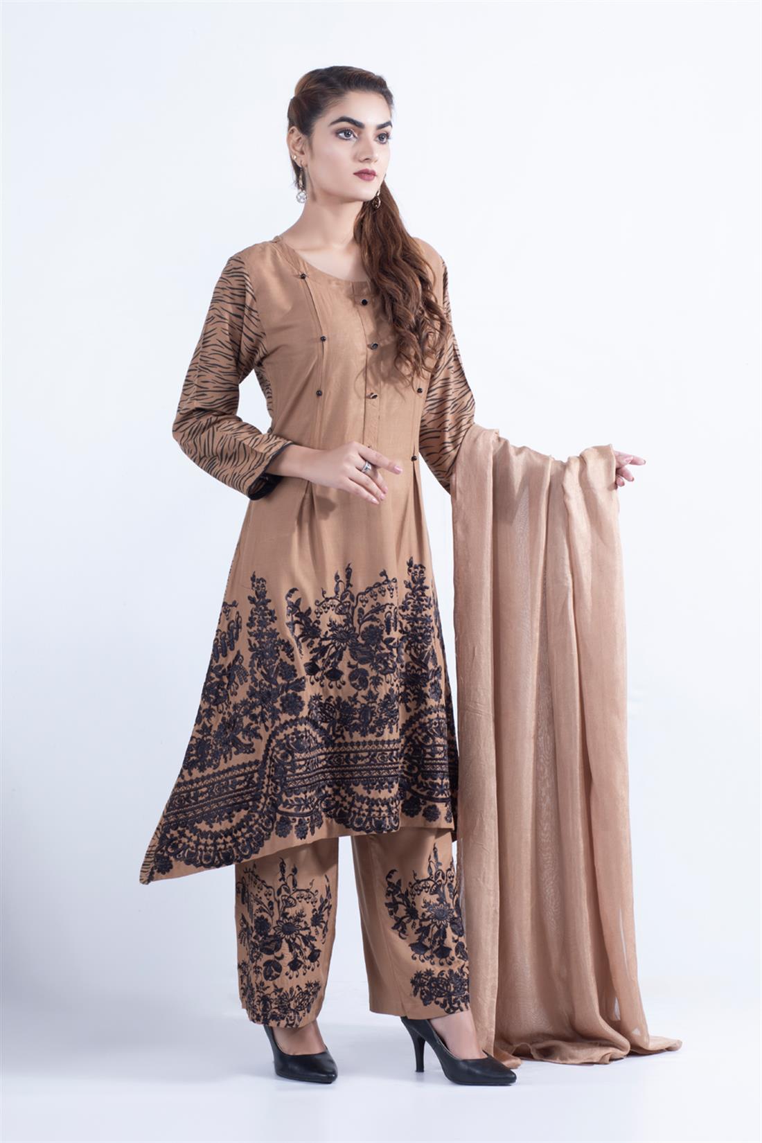 Camel Embroidered Chiffon Ladies Readymade