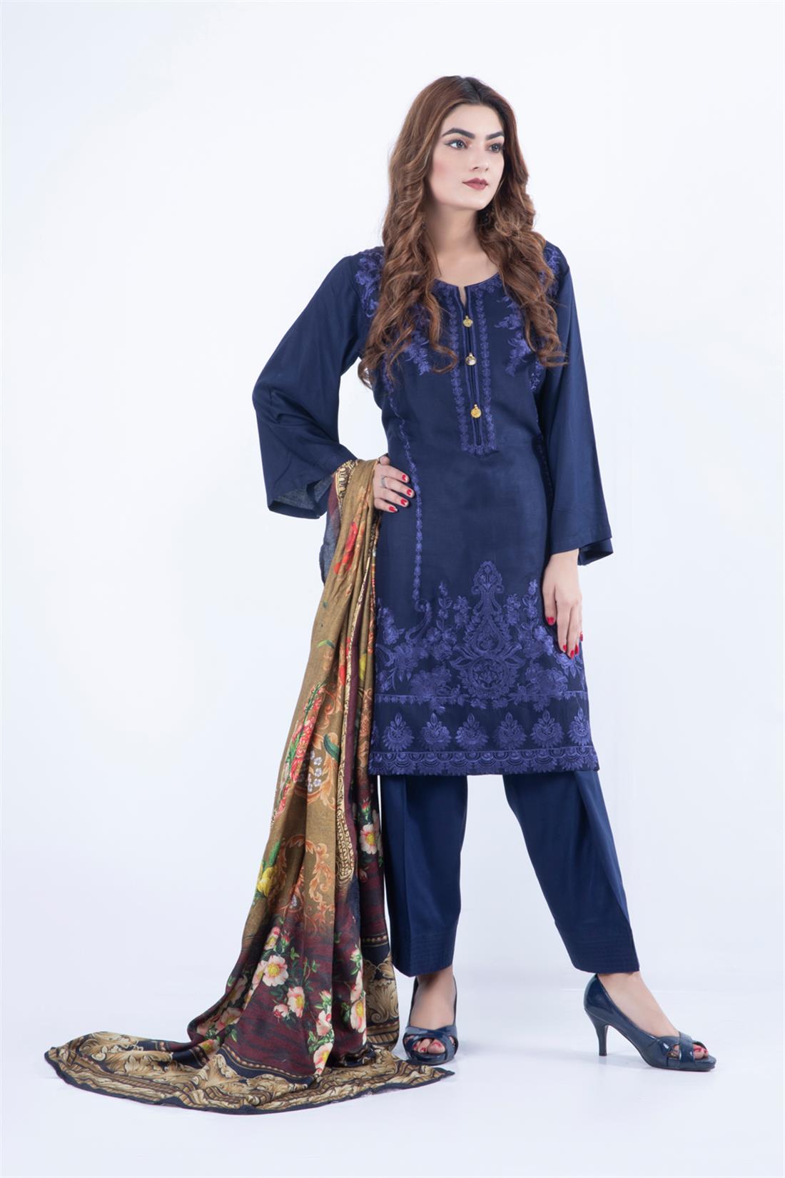 Navy Blue Embroidered Beautiful Linen 3 Piece Readymade Suit with Dupatta