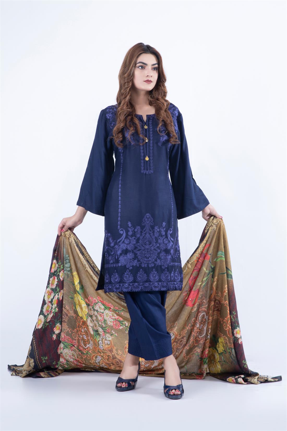 Navy Blue Embroidered Beautiful Linen 3 Piece Readymade Suit with Dupatta