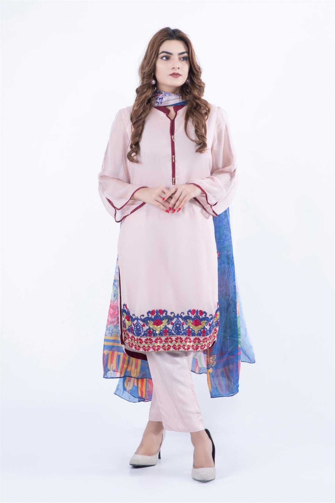 Tea Pink 3 Piece Teal Chiffon Embroidered Salwar Suit