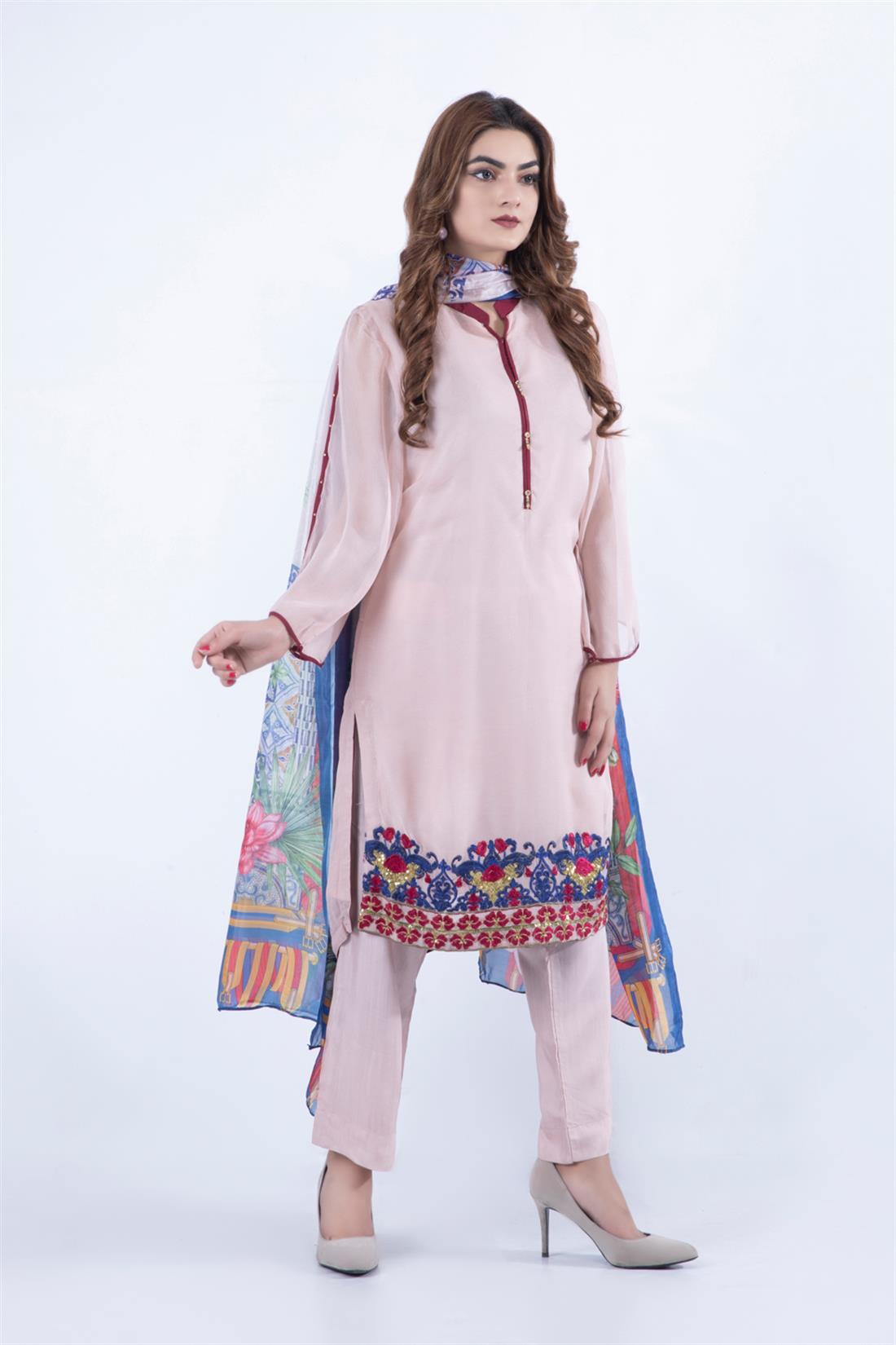 Tea Pink 3 Piece Teal Chiffon Embroidered Salwar Suit
