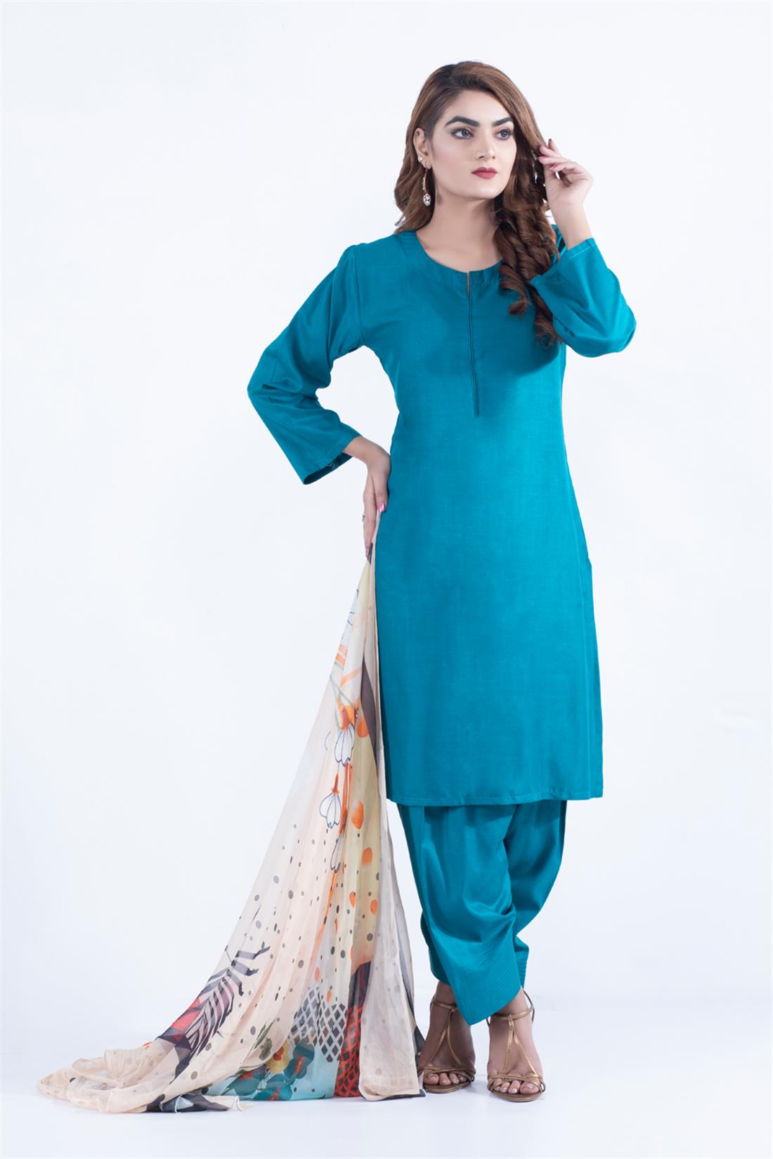 Zinc Digital Print Linen 3 Piece Readymade Suit with Chiffon Dupatta
