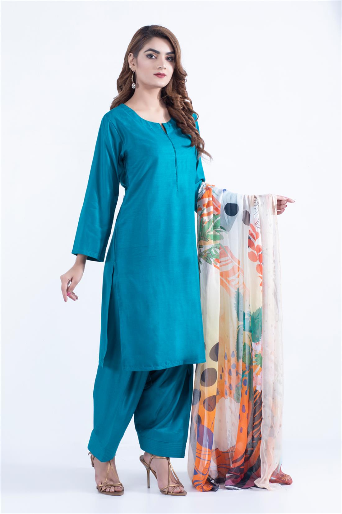 Zinc Digital Print Linen 3 Piece Readymade Suit with Chiffon Dupatta