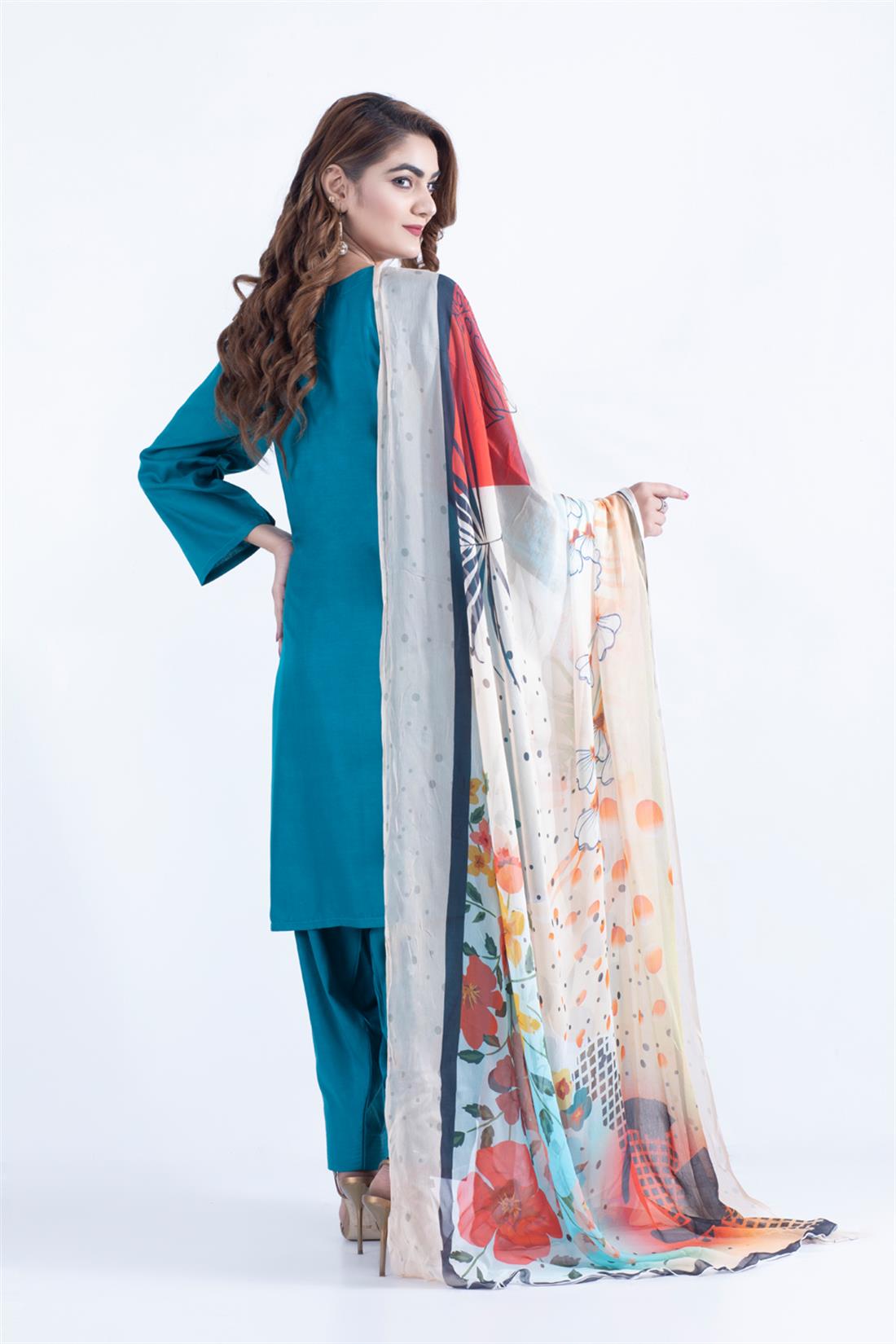 Zinc Digital Print Linen 3 Piece Readymade Suit with Chiffon Dupatta